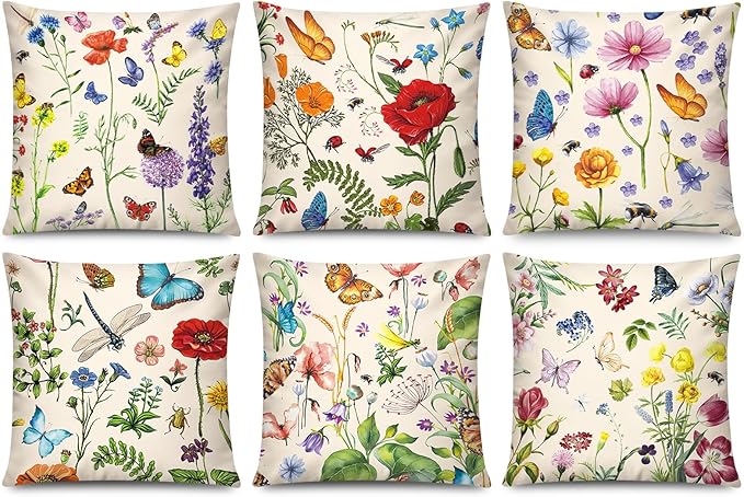 Red Pink Flower Pillow Cover 16x16 Set of 6 Summer Throw Pillow Covers Colorful Floral Cushion Covers for Couch Sofa Living Room Home Decor