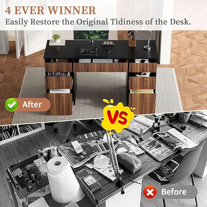 4 EVER WINNER Black Desk with Drawers, 58" Executive Office Desk with 7 Drawers and Hidden Handle, Computer Desk with File Cabinets for Living Room Study Table for Bedroom, Black