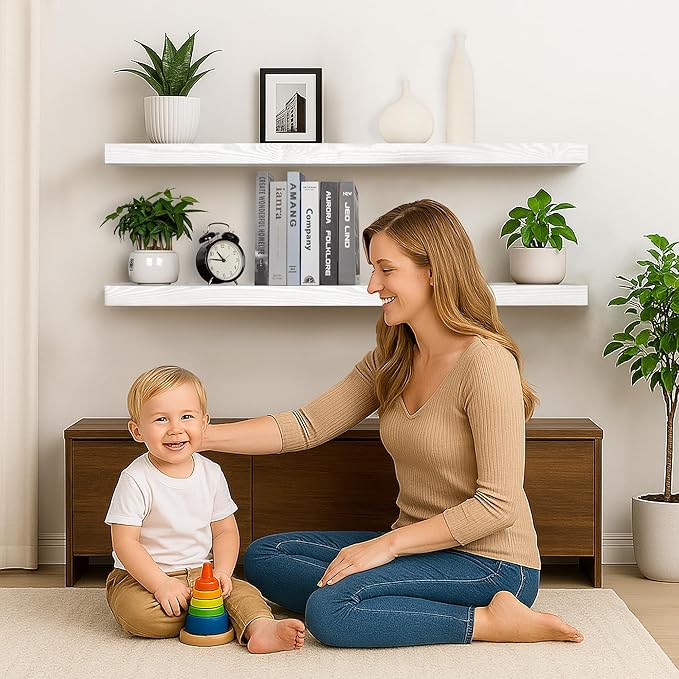 Rustic Floating Shelves 60 inch Long 8 "deep Set of 2, Heavy Duty Wood Wall Mounted Shelves for Bathroom Living Room Kitchen,Book Shelves with Thickened Hidden Bracket-White