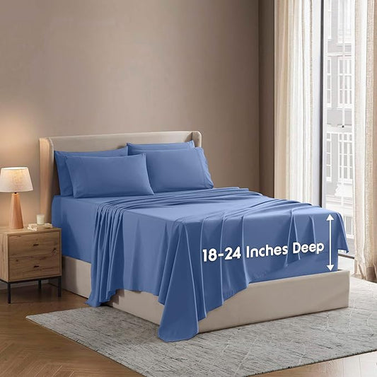 Nestl Extra Deep Queen Sheet Set - 6 Piece Breathable & Cooling Sheets - Hotel Luxury Bedding Set w/18-24 Inch Deep Pockets - Easy & Secure Fit - Super Soft, Wrinkle Free & Comfy - Calm Blue