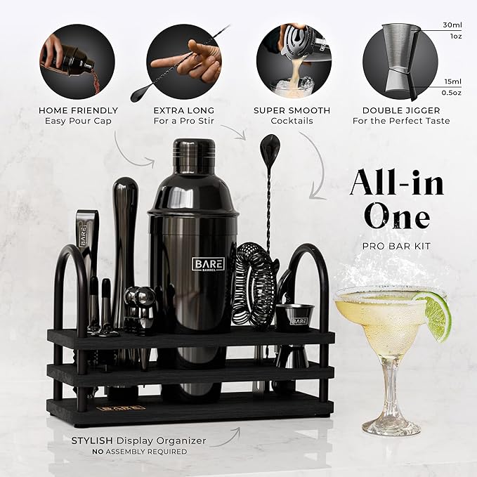 BARE BARREL® Mixology Bartender Kit Bar Set | 14-Piece Cocktail Shaker Set | Martini Barware Mixing Tools for Home Bartending | 35 Recipe Cards | Gift Set (24oz Cobbler Shaker, Jet Black/Black)