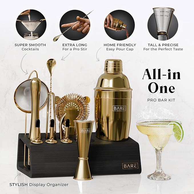 BARE BARREL® Mixology Bartender Kit Bar Set | 14-Piece Cocktail Shaker Set | Martini Barware Mixing Tools for Home Bartending | Incl. 35 Recipe Cards | Gift Set (24oz Cobbler Shaker, Gold/Black)