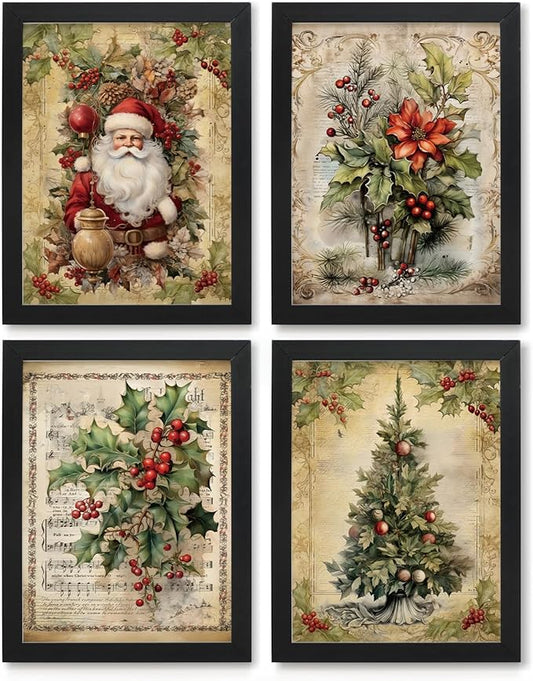 JXREQ Vintage Christmas Pictures Wall Decor Prints,Retro Christmas Wall Art Decorations for Home Kitchen Bathroom Bedroom Living Room,Santa Claus Xmas Tree Decor Prints Set of 4,12x16 Unframed