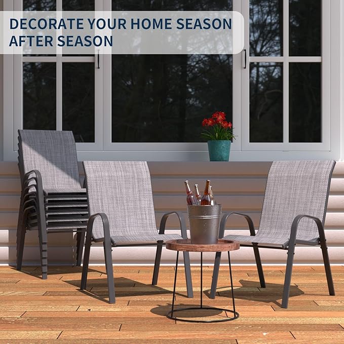 Amopatio Patio Chairs Set of 8, Outdoor Stackable Dining Chairs for All Weather, Dark Grey, Breathable Garden Outdoor Furniture for Backyard Deck