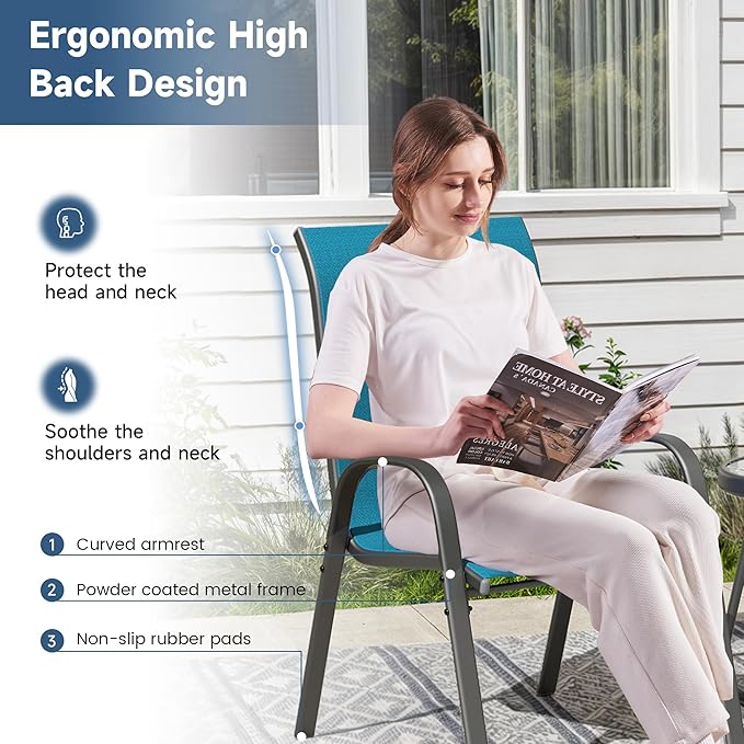 Amopatio Patio Chairs Set of 6, Outdoor Stackable Dining Chairs for All Weather, Breathable Garden Outdoor Furniture for Backyard Deck, Light Blue