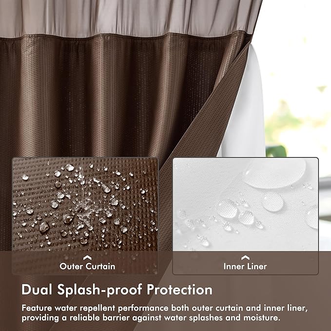 Mrs Awesome No Hook Shower Curtain with Snap-in Liner, Embossed Waffle Design Fabric Shower Curtain for Bathroom, Soft & Lightweight, 71x74, Chocolate