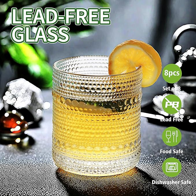 Vintage Hobnail Driinking Glasses Set, Glassware Drinking Set of 8, 12 oz Highball Glasses & 10 oz Cocktail Glasses, Tumbler Glasses for Cocktails, Whiskey, Juice, Milk