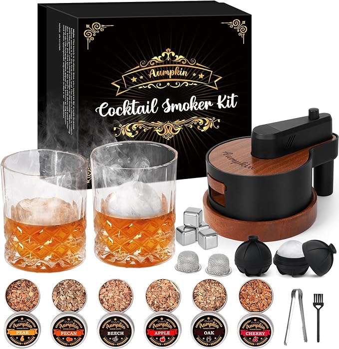 Premium Whiskey Smoker Kit with Torch, 6 Flavors Wood Chips, 2 Glasses, 2 Ice Ball Molds, Old Fashioned Drink Cocktail Smoker Kit, Birthday Bourbon Gifts for Men, Dad, Husband, Black&Brown (NO Butane)