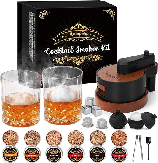 Premium Whiskey Smoker Kit with Torch, 6 Flavors Wood Chips, 2 Glasses, 2 Ice Ball Molds, Old Fashioned Drink Cocktail Smoker Kit, Birthday Bourbon Gifts for Men, Dad, Husband, Black&Brown (NO Butane)