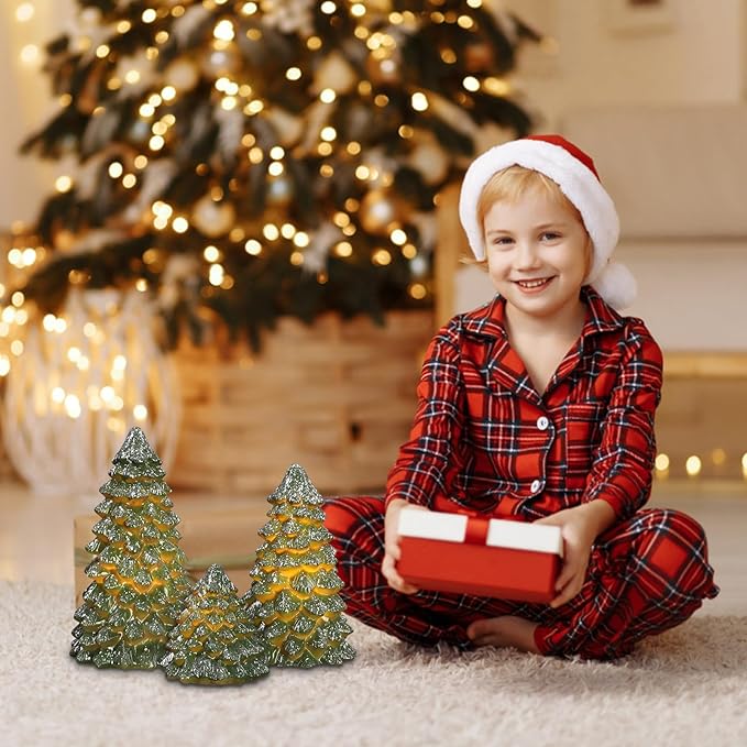 Green Christmas Tree Figurines Hand-Painted Tabletop Tree Flameless Candles Real Wax Flickering LED Battery Operated with Remote Lighted Christmas Tree Decoration for Shelf Fireplace Mantel Holiday