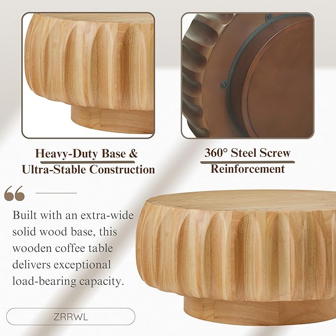 31.5" Round Wood Coffee Table - Mid Century Modern Solid Wood Coffee Tables with Fluted Design for Living Room, Small Space, Apartment