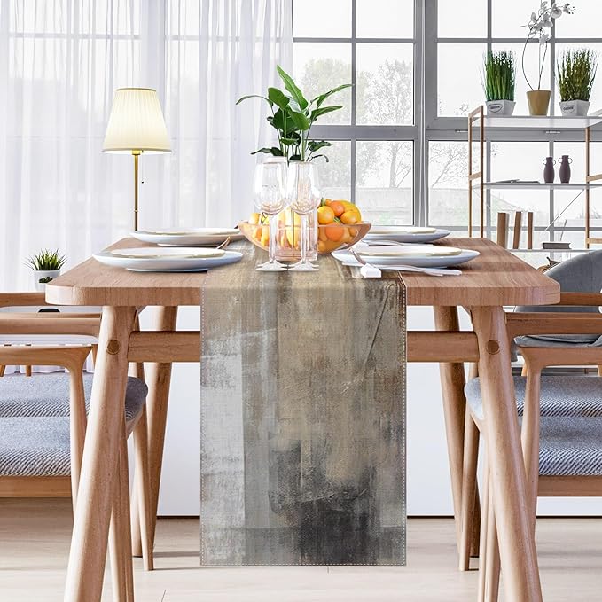 Emvency Farmhouse Table Runner, Abstract White and Brown Art Painting for Kitchen Coffee Table Family Dinners Holiday Parties Wedding Events Decor(13x72 inch)