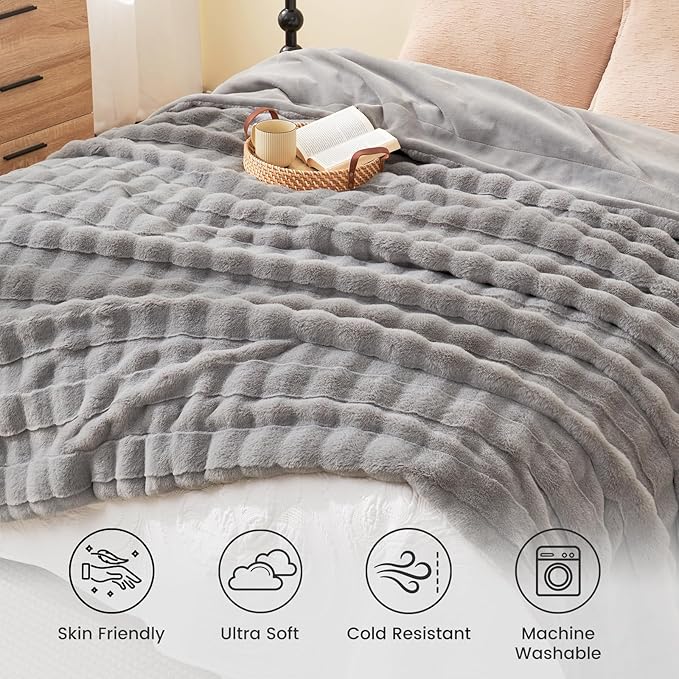 Cozy Bliss Fluffy Faux Fur Throw Blanket for Couch,Warm Cozy Soft Grey Throw Blankets for Sofa Bed Living Room,60x80 Inches