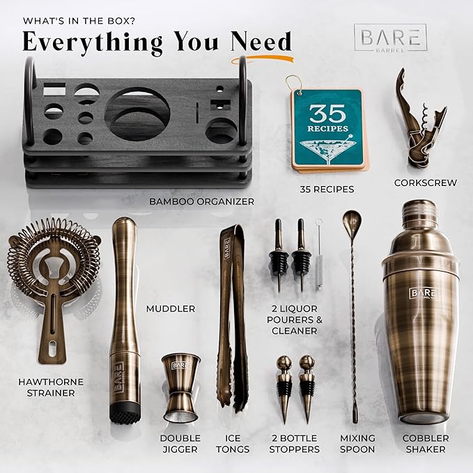 BARE BARREL® Mixology Bartender Kit Bar Set | 14-Piece Cocktail Shaker Set | Martini Barware Mixing Tools for Home Bartending | 35 Recipe Cards | Gift Set (24oz Cobbler Shaker, Brass/Black)