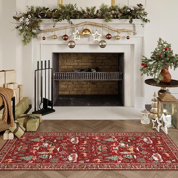 Lahome Christmas Runner Rug 2x6 Red Runners for Hallways,Kitchen Rugs Non Slip Washable Entryway Carpet Runner,Soft Christmas Tree Santa Claus Runners for Bathroom Bedside Holiday Decor(2'x6',Red)