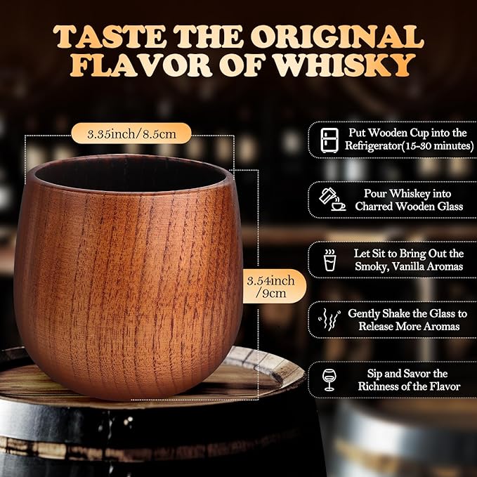 Charred Hardwood Bourbon Glasses Set of 2 - Handcrafted Wooden Whiskey Tumblers with Natural Insulation, Campfire-Ready Design & Collector-Grade Wood Grain - Perfect Home Bar Gifts for Men