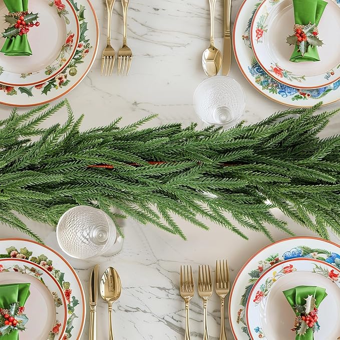Faux Norfolk Pine Christmas Garland – Real Touch Greenery Artificial Cedar Christmas Garland for Fireplace Mantel, Staircase, Door Frame, Holiday Indoor Winter Décor (9FT-2Pack)