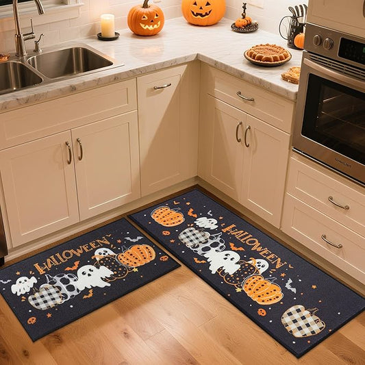 JSEI Halloween Holiday Kitchen Mats for Floor, Non-Slip Ghost and Pumpkins Decorative Kitchen Rugs Set of 2, Home Decor Low-Profile Kitchen Runner Rug Washable, 17"x30"+17"x48", Pumpkins Party Pattern