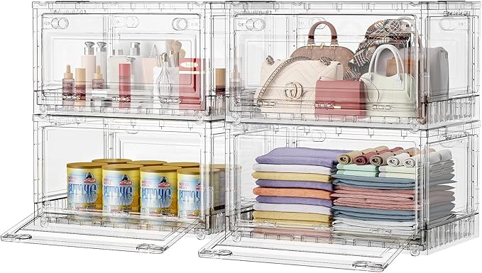 BROVIEW Clear Stackable Storage Bins Drawers, 320Qt Open Front Large Plastic Storage Bins with Lids and Wheels, Foldable Closet Organizers and Storage for Wardrobe Cabinets, Pantry, Makeup,4 Pack