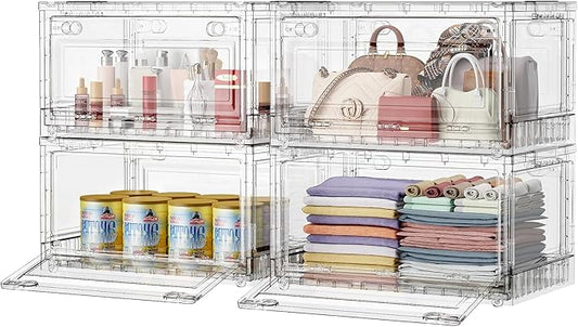 BROVIEW Clear Stackable Storage Bins Drawers, 320Qt Open Front Large Plastic Storage Bins with Lids and Wheels, Foldable Closet Organizers and Storage for Wardrobe Cabinets, Pantry, Makeup,4 Pack