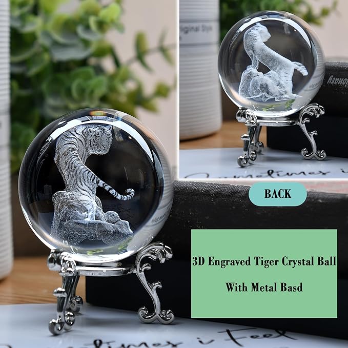 IFOLAINA 3D Tiger Crystal Ball Tiger Figurines in Crystal Ball 60mm Decor White Tiger Collectibles Decorative Globes Gift Glass Sphere Home Decor with Stand, Clear