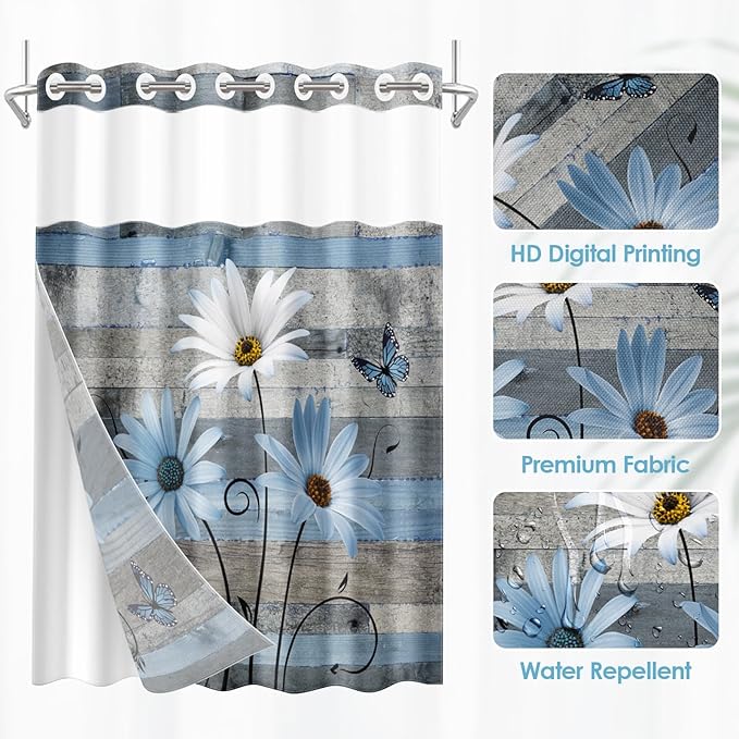 No Hook Blue Daisy and Butterfly Shower Curtain with Snap in Fabric Liner Set, Rustic Farmhouse Double Layers Waterproof Fabric with See Through Top Window Open Grommet Bath Curtain 71x74 Inch