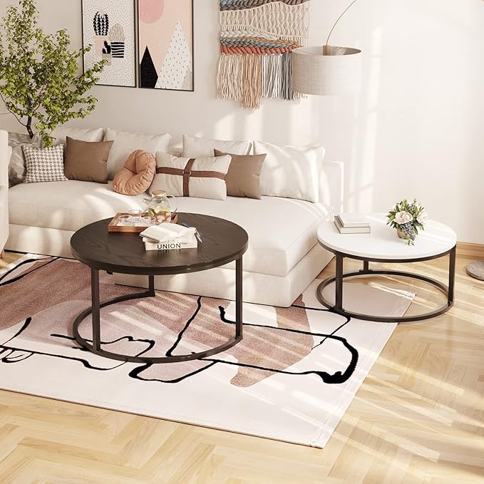WiberWi Round Coffee Table, Nesting Tables Set of 2, Large : Ø 34.0", Small : Ø 26.0", Modern Design Furniture Side End Table for Living Room, Metal Frame Sofa Table Cocktail Table, Black & White