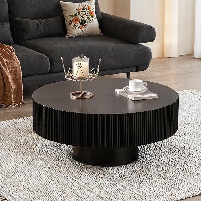 Round Fluted Coffee Table Mid Century Modern Coffee Tables with Handcrafted Relief Circle Drum End Table Rustic Industrial Center Tables for Apartment Living Room (Black Round Thick)