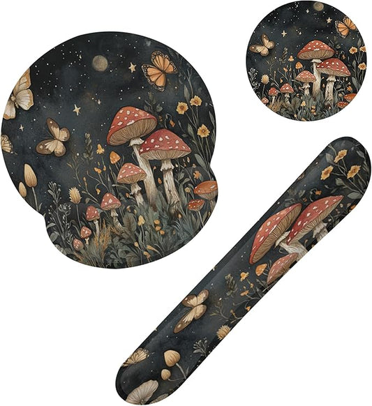 Mushroom Flower Butterfly Magic Mouse Pad with Wrist Rest and Keyboard Wrist Rest Set, Non-Slip Rubber Base Memory Foam Mouse Pad Set for Women, Office Desk Accessories, Gaming