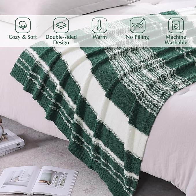 WRENGONGE Dark Green Throw Blanket, 50x70 Soft Cozy Striped Throw Blankets for Couch, Sofa, Bed, Travel, Lightweight Fluffy Warm Plush Decorative Blankets for Women, Men,Kids Gift
