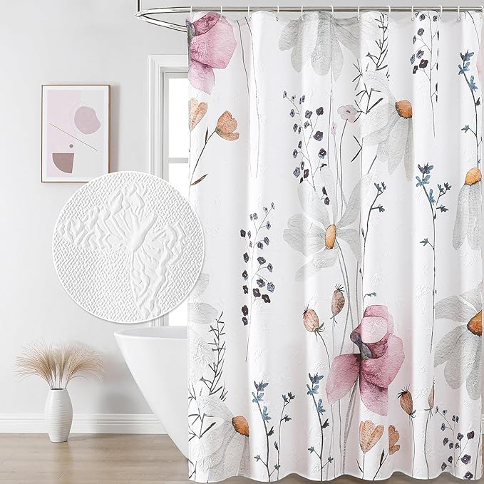 QiyI Floral Shower Curtain, 3D Embossed Butterflies Watercolor Wildflower Bathroom Curtain, Minimalist White Cloth Bath Curtains, Waterproof Fabric Textured Shower Curtain Set with Hooks, 72x72