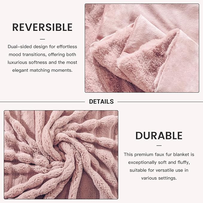 NEXHOME PRO Faux Fur Plush Throw Blanket Set with 2 Matching Square Pillow Covers, Luxurious & Fuzzy Soft Throw Blankets for Sofa,Chair, Couch, Living Room, Home Office 60"x80", Pink, 3PCS