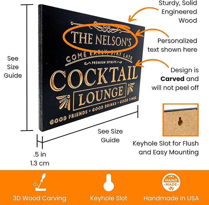 Custom Bar Sign - Choice of Size, Fonts, and Colors | Personalized Cocktail Lounge Bar Decor, Personalized Bar Signs for Home Bar, Home Bar Decor, Bar Wall Decor, Bar Decorations | True Stock Studios