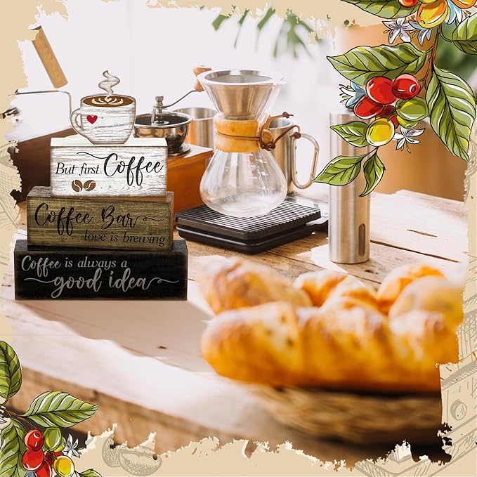 4 Pcs Wooden Coffee Bar Tabletop Decor Coffee Tiered Tray Decor Rustic Wood Bar Sign Gift Farmhouse Table Centerpiece Farmhouse Decorations for Home Kitchen