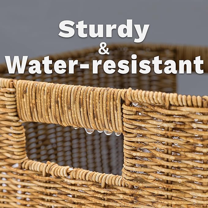 myHomeBody Wicker Storage Basket, Storage Cubes, Woven Baskets for Organizing, Resin Wicker Set of 3, Tan