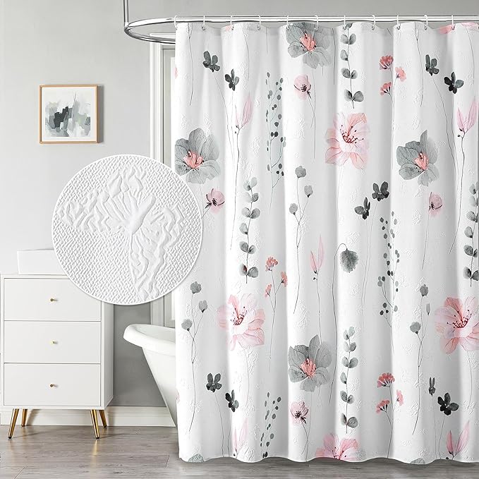 QiyI Watercolor Floral Shower Curtain, 3D Embossed Butterflies Grey Pink Flower Bathroom Curtain, Minimalist White Cloth Bath Curtain, Waterproof Fabric Textured Shower Curtain Set with Hooks, 72x72