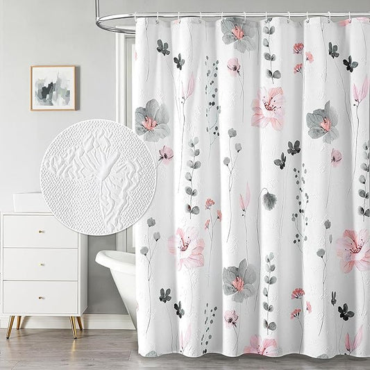 QiyI Long Shower Curtain 72 x 78, Modern Watercolor Floral Bath Curtain, 3D Embossed Texture Grey Pink Flower Cloth Bathroom Curtain, Waterproof Fabric Rustic Farmhouse Shower Curtain Set with Hooks