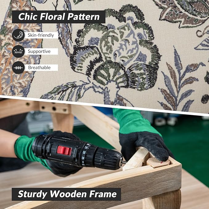 HULALA HOME Wingback Accent Chairs Set of 2 with Retro Wood Legs, Traditional Fabric Armchairs for Living Room Bedroom, Comfy Upholstered Sofa Chairs Reading Chairs with Unique Pattern Design, Green