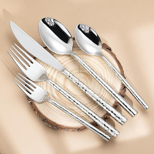 Hammered Silverware Set,Zerophilo Flatware Set 20 Pieces 18/10 Stainless Steel Cutlery Set for 4 Mirror Polished,Dishwasher Safe