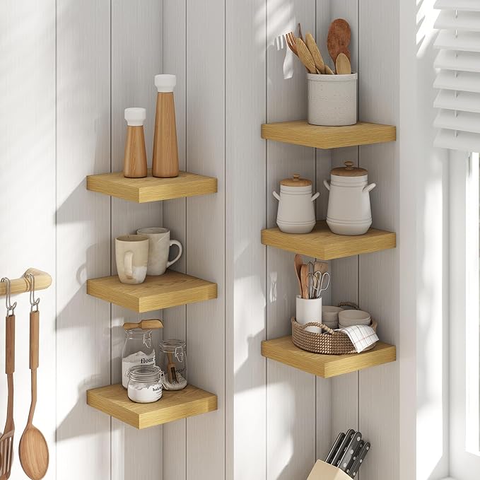 Floating Shelves for Wall with Invisible Brackets, Wall Mounted Engineered Wood Shelves with Wood Grain for Living Room, Bedroom, Bathroom, Kitchen Decor and Storage, Oak, 8"L Set of 3, Oak