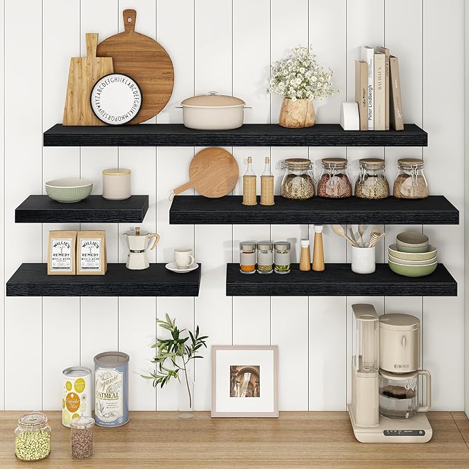 Fun Memories 48Inch Floating Shelves, 9.3Inch Deep Rustic Wall Shelves - Extra Deeper & Thicker Wall Mounted Storage Shelf for Kitchen, Farmhouse - Set of 2 - Rustic Black