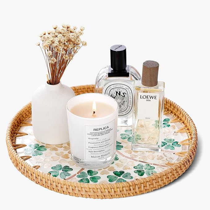 Round Rattan Tray with Mother of Pearl Inlay & Wooden Base - Decorative Wicker Serving Tray for Coffee/Bread/Fruits, Food Storage & Display - Multipurpose Home Decor (L,Four-Leaf Clover)
