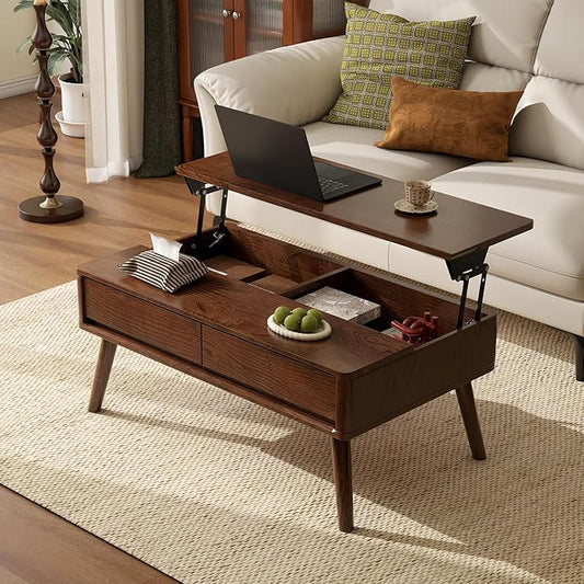 Lift Top Coffee Table, 100% Solid Oak Wood Walnut Coffee Table with Drawers and Hidden Compartments, Rectangular Coffee Tables with Storage for Living Room Home Decor (39.37" L x 21.65" W x 25.59" H)