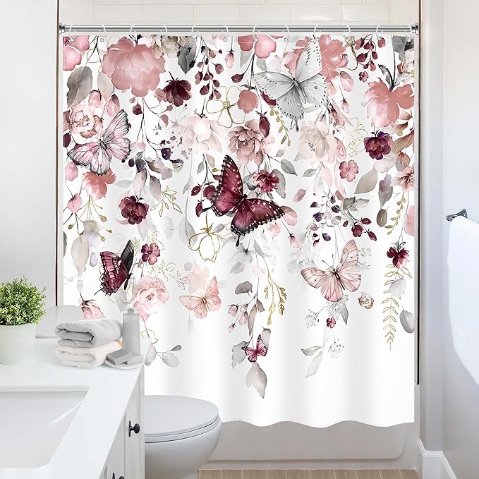 Grey Pink Floral Butterfly Shower Curtain 72Wx72L Inch Spring Summer Plant Natural Gold Green Leaves Botanic Bathroom Set Country Woman Girl Elegant Bath Curtain Bathtub Accessories Home Decor