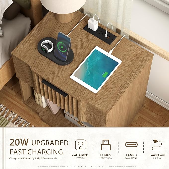 Yechen Fluted Nightstands Set of 2 with 20W Fast Charging Station - Large Wood Night Stands with Drawer & Shelf, Modern Wide Bedside End Tables for Bedroom with Curved Profile Base, Natural Oak