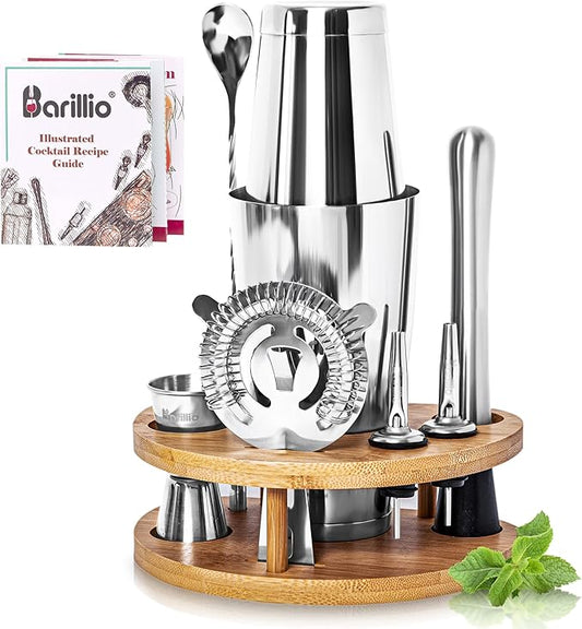Barillio Elite Mixology Bartender Kit with Stand - Cocktail Shaker Set with Bamboo Stand, Boston Drink Shaker, Mojito Muddler, and Drink Mixer Spoon - 9-Piece Bar Tools Set - Bar Accessories for Home