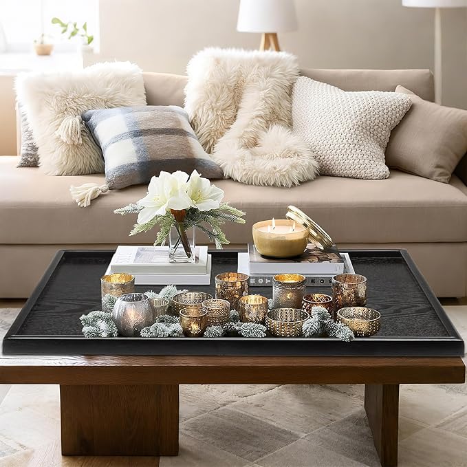 40 x 24 Inches Extra Large Solid Wood Serving Tray for Tea Coffee Table Snack Food Meals Serving Plate Kitchen Party Bar Breakfast Server with Raised Edges Black Wooden Decorative Ottoman Tray