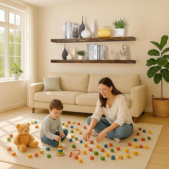 Walnut Floating Shelves 72 Inch Long 8-in Deep Set of 2, High End Real Solid Wood Floating Shelves for Wall,Suitable for Kitchen and Coffee Bar, with Sturdy Hidden Bracket