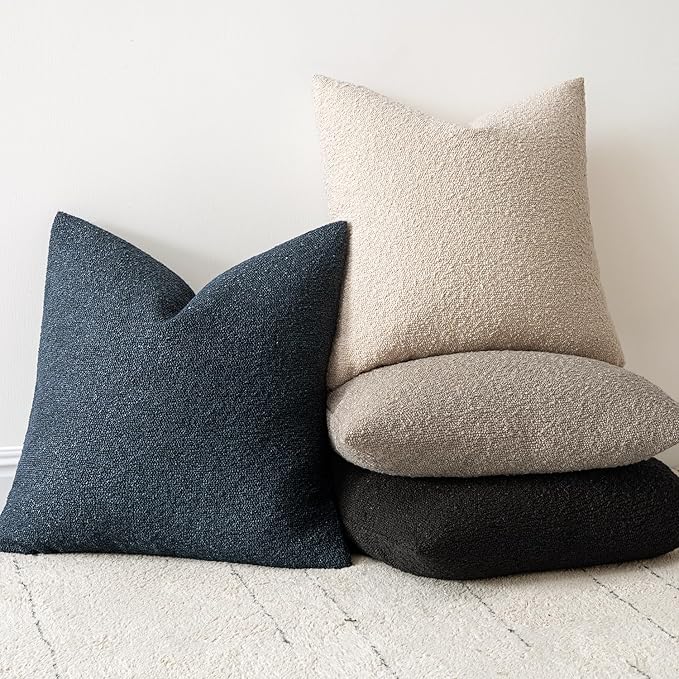 Woaboy Pack of 2 20x20 Inch Decorative Boucle Throw Pillow Covers Textured Square Pillowcaes Accent Solid Cozy Soft Cushion Covers Home Decor for Sofa Couch Living Room Home Decor,Navy Blue