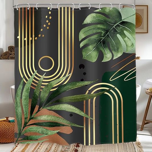 Glawry Dark Green Gold Boho Mid Century Shower Curtain Extra Long Abstract Minimalist Geometric Tropical Modern Leaf Bathroom Simple 72Wx78L Inches Bath Accessories Art Home Decor Fabric 12 Pack Hook